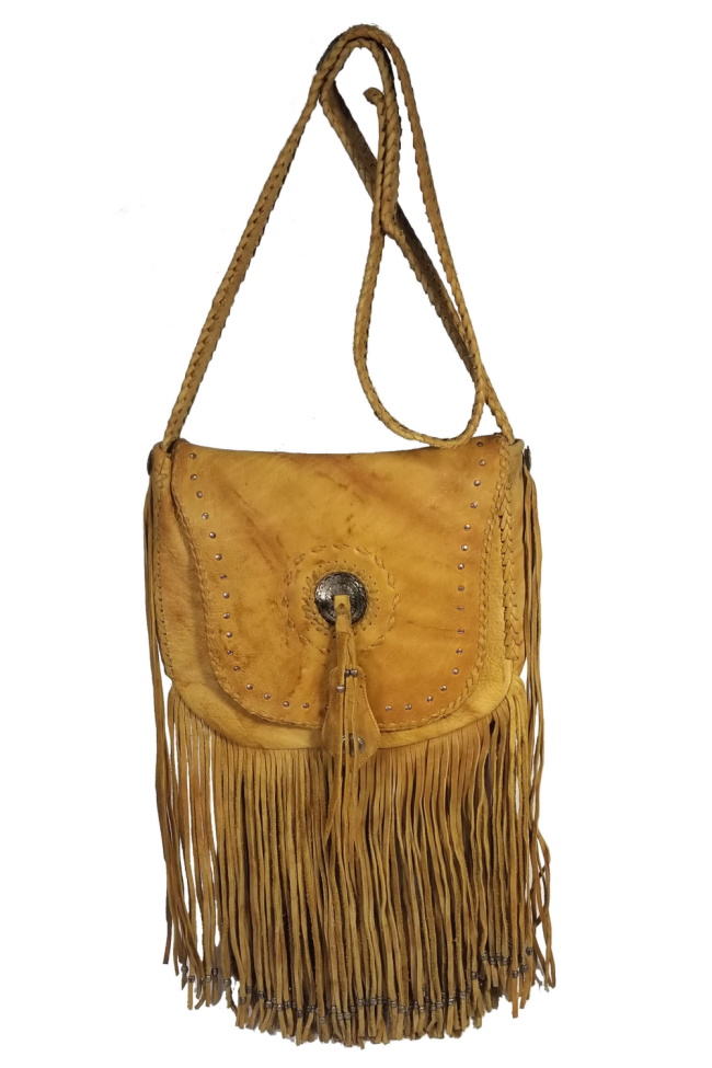 (image for) Concho Studded Leather Fringed Hand Laced Shoulder Bag